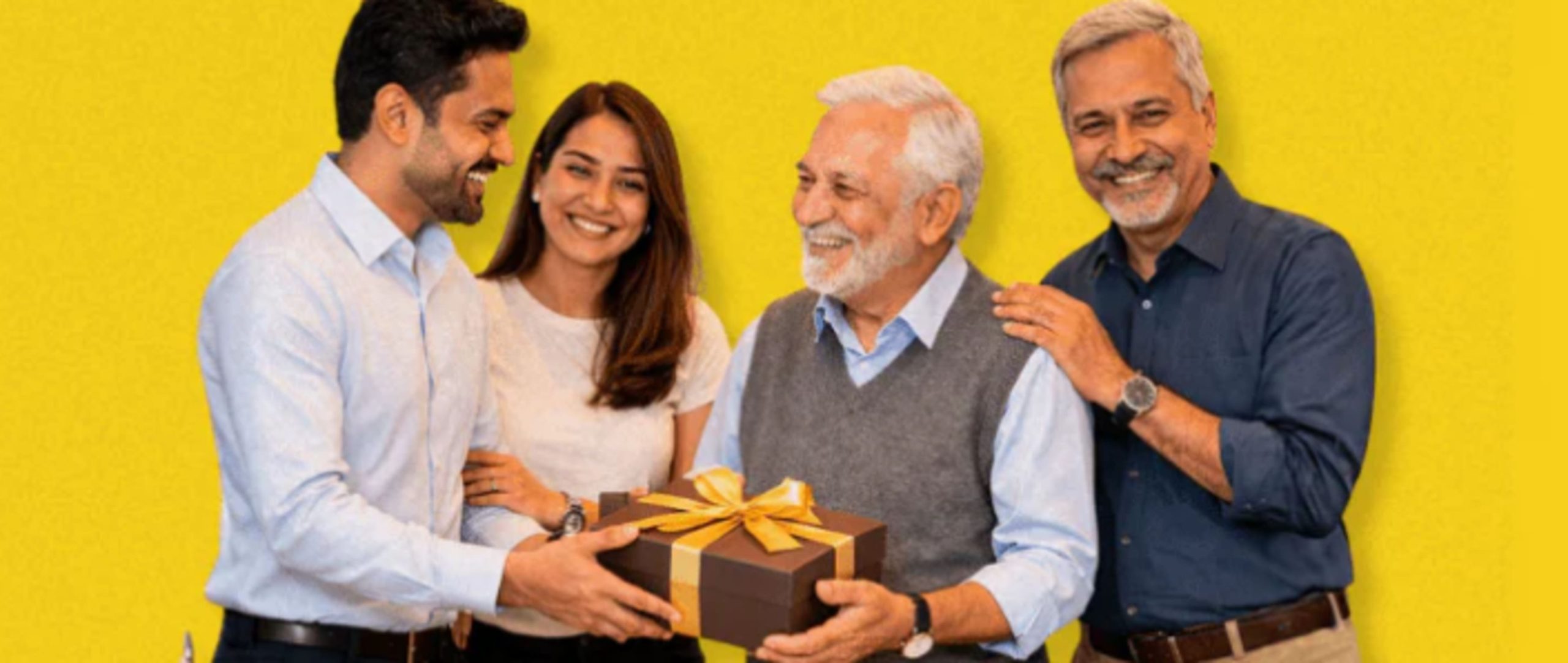 Image of happy faily give retirement gifts for a men.