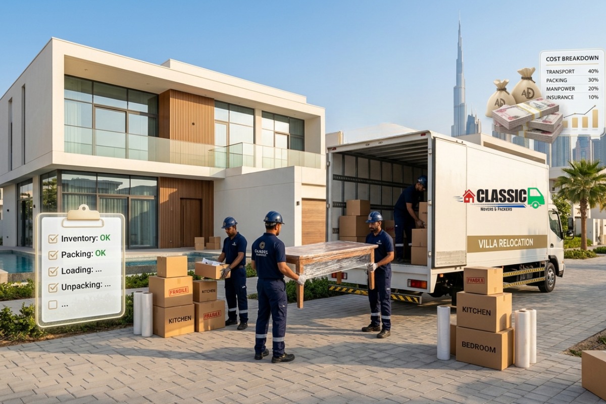 Professional movers in Business Bay carefully packing and relocating household furniture in a Dubai apartment.